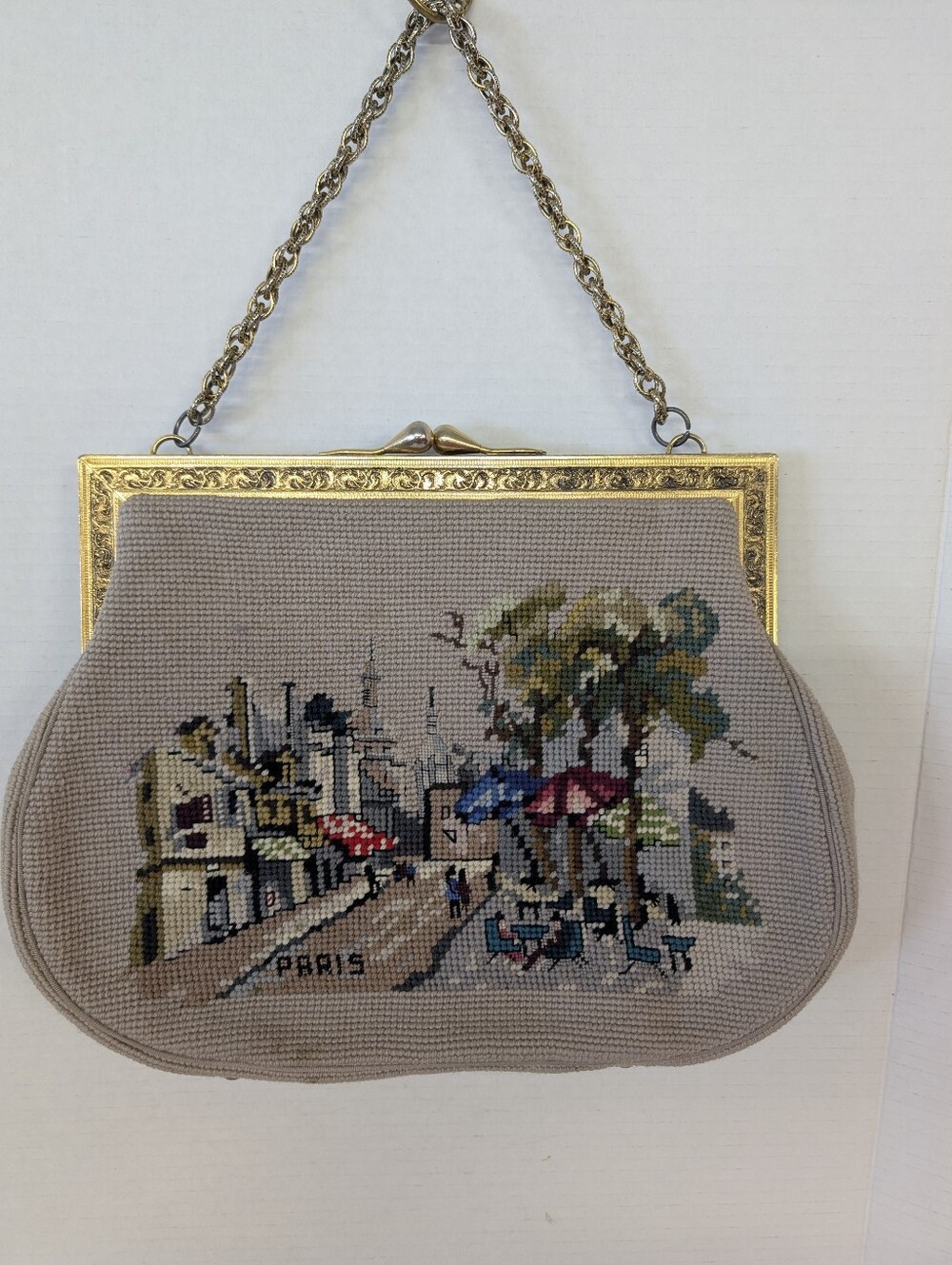 Vintage Bag 1950 Paris Needlepoint Handbag Beige Gold Frame Coin Purse Comb